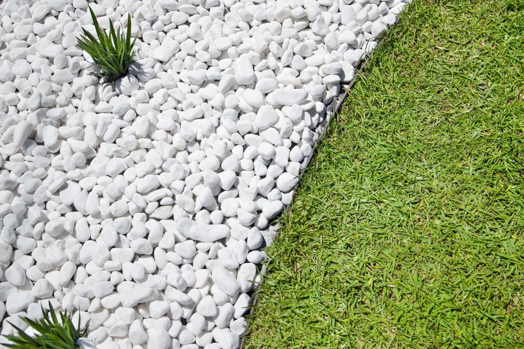 white quartz stones and lawn