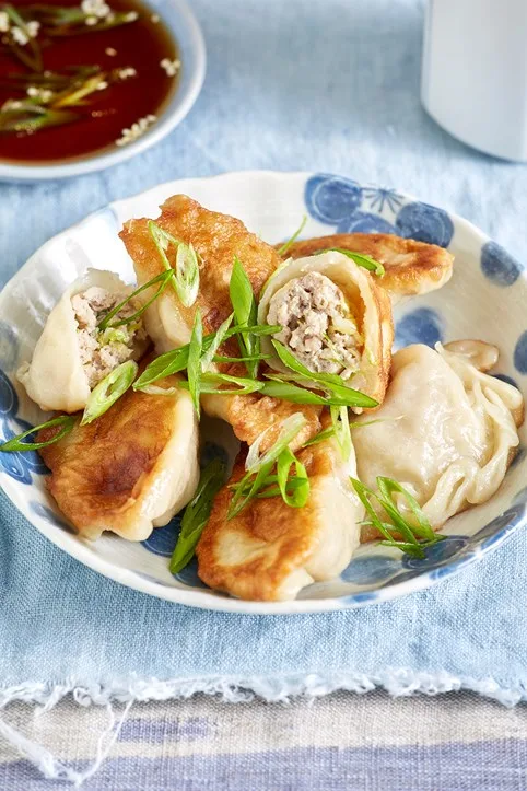 a plate of pork and cabbage dumplings