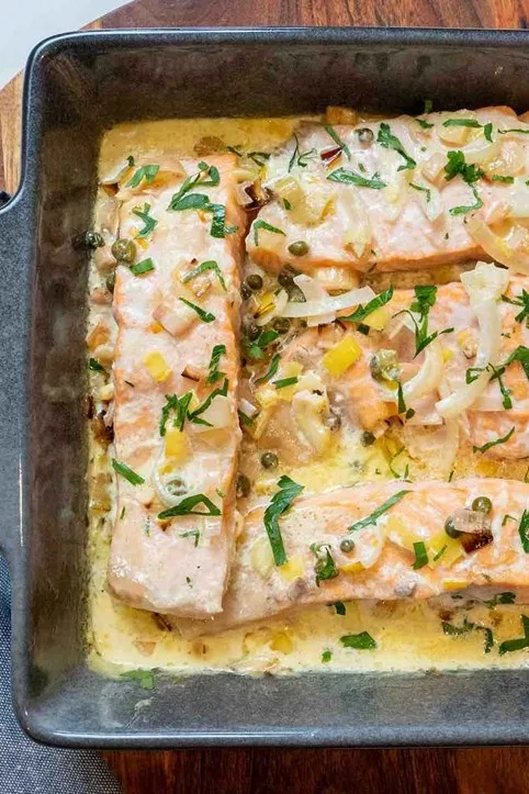 salmon leek tray bake