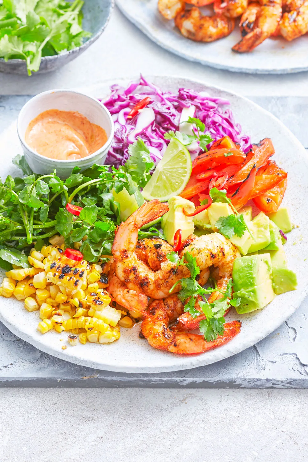 grilled prawn salad with corn avocado