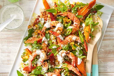 Grilled prawn, chorizo and corn couscous salad