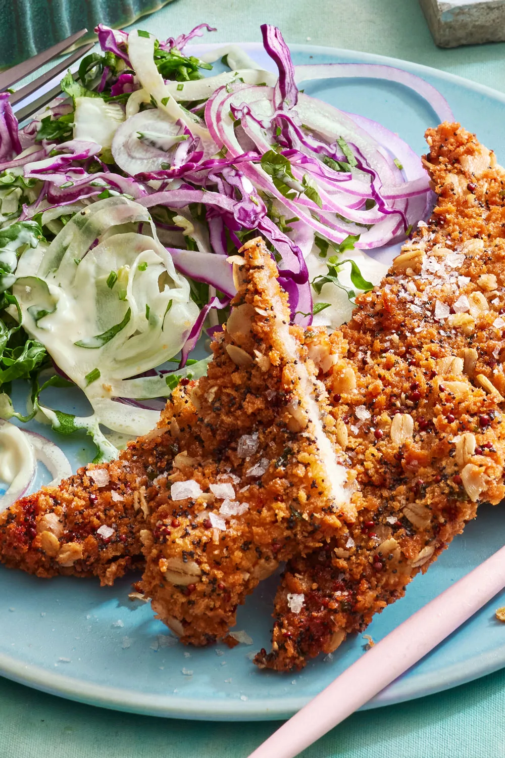 chicken schnitzel with slaw on the side