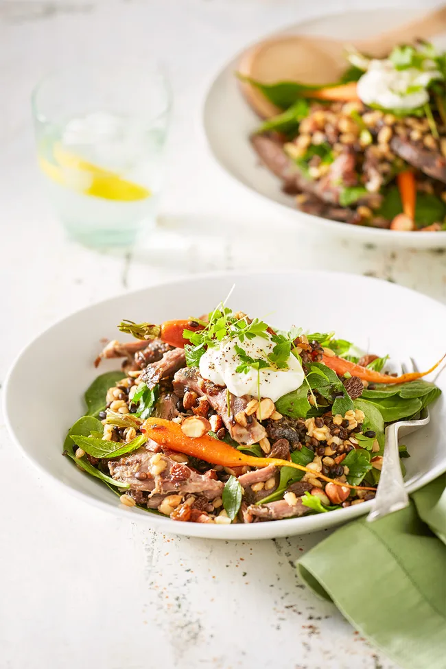 lamb salad idea for dinner with carrots and yoghurt dressing