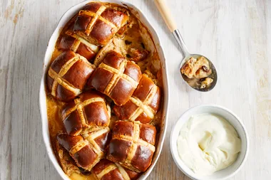 Hot cross bun bread and butter pudding