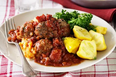 Rissoles with tomato sauce and sweet potato mash