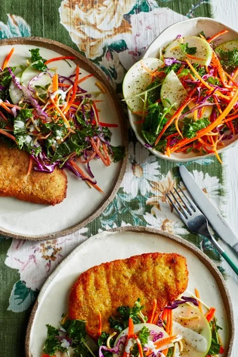 chicken schnitzel with crunchy slaw