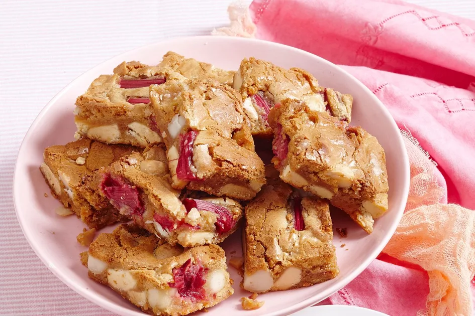 Macadamia Blondies With Rhubarb And White Chocolate Recipe | Better Homes & Gardens Australia