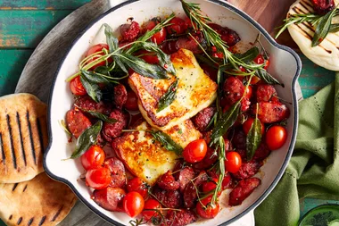 Halloumi, chorizo and roast tomato one-pot