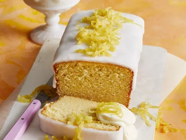 Lemon loaf cake with syrup and icing