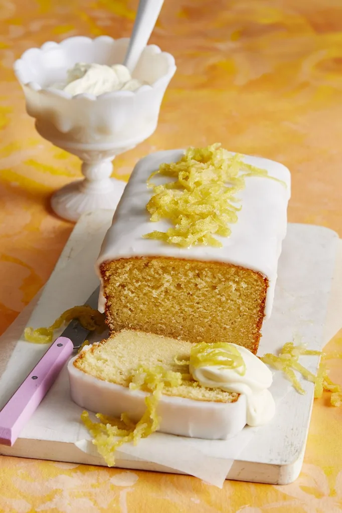 Lemon loaf cake with syrup and lemon icing