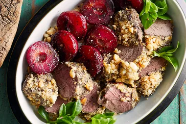 Seared pepperberry kangaroo strip loin with macadamia crust