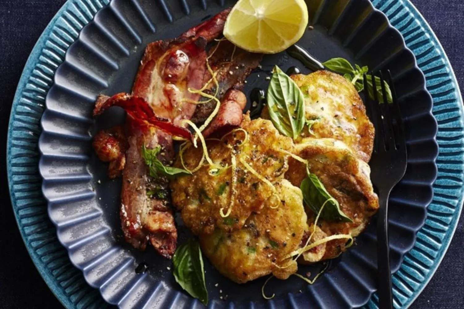 Colin’s simple bacon and sweetcorn fritters with maple syrup