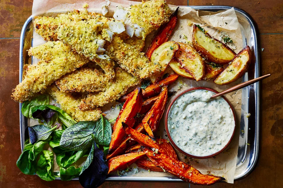 easter fish recipes tray bake with chips