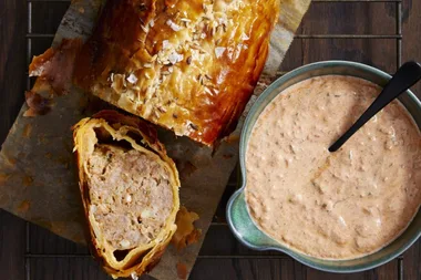 Colin’s lamb sausage rolls with harissa yogurt