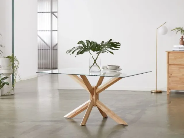 Bella Rectangle Glass Dining Table | Natural Hardwood Frame