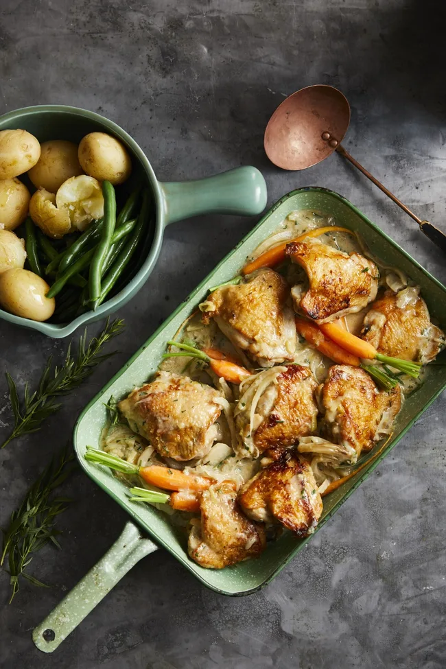 classic chicken casserole in tray bake pan