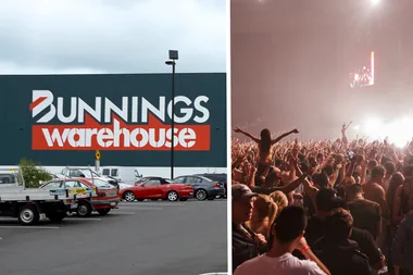 bunnings warehouse sign on left and concert crowd on left