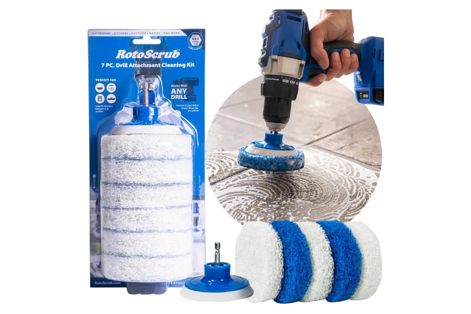 RotoScrub drill brush cleaning attachments