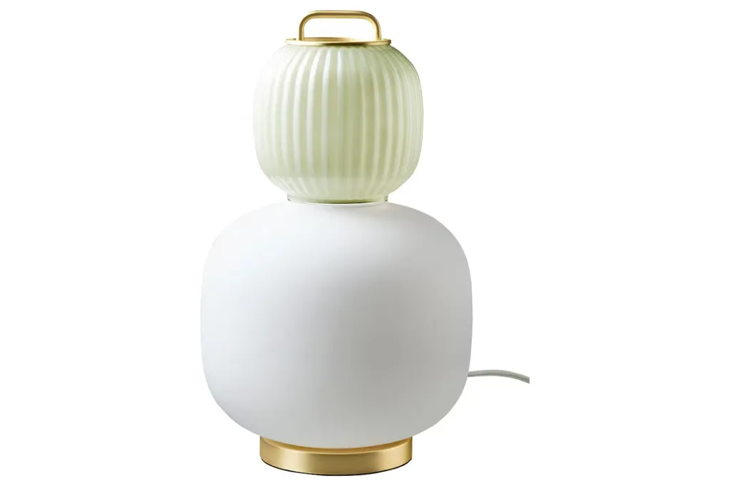 frosted glass and metal table lamp with white/green/gold effect metal