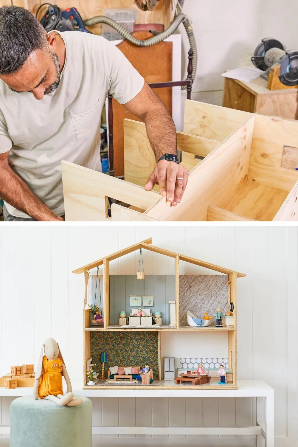 man building a doll house and finished doll house