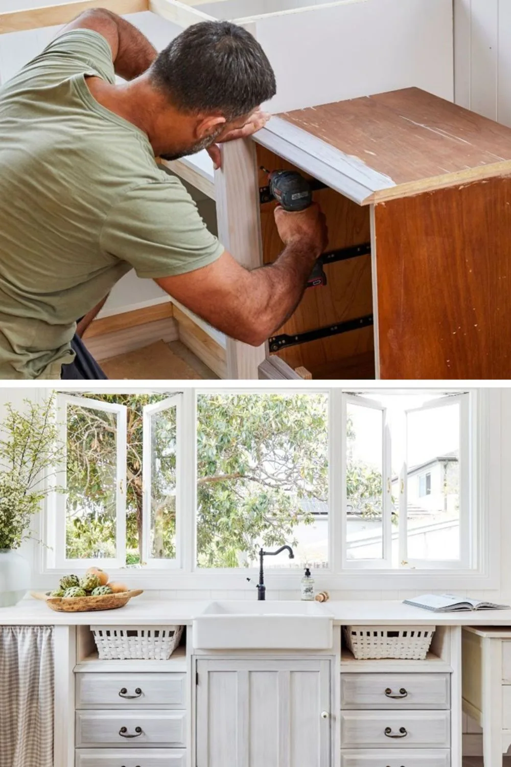 man in green shirt drilling into a old cabinet on the left and upcycled white kitchen on the left
