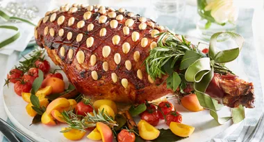 Spiced apricot, almond and sherry-baked ham