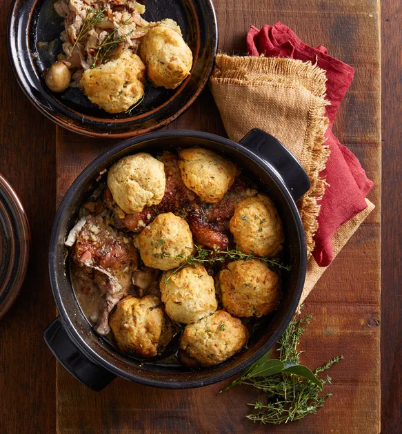 Chicken cooked in wine with herbed dumplings - Better Homes & Gardens Australia
