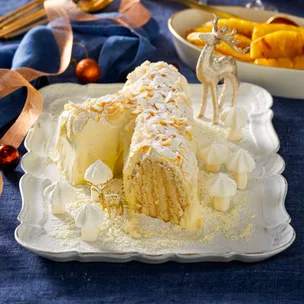 Yule log with white chocolate coconut and caramelised pineapple