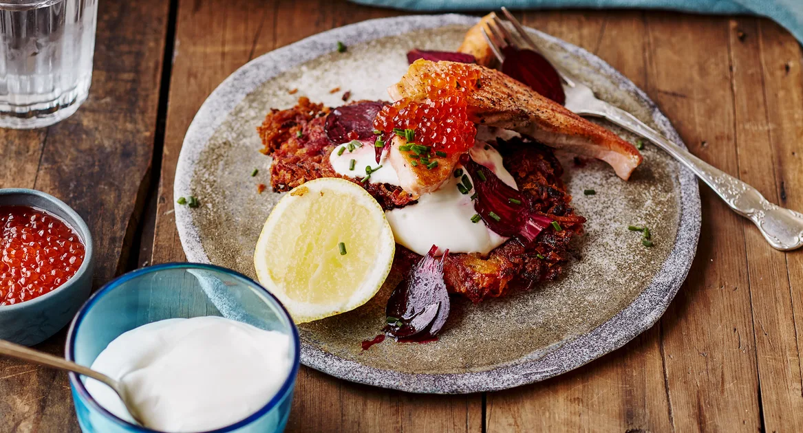 Crispy potato rosti with salmon, beetroot, horseradish sour cream - Better Homes &amp; Gardens Australia