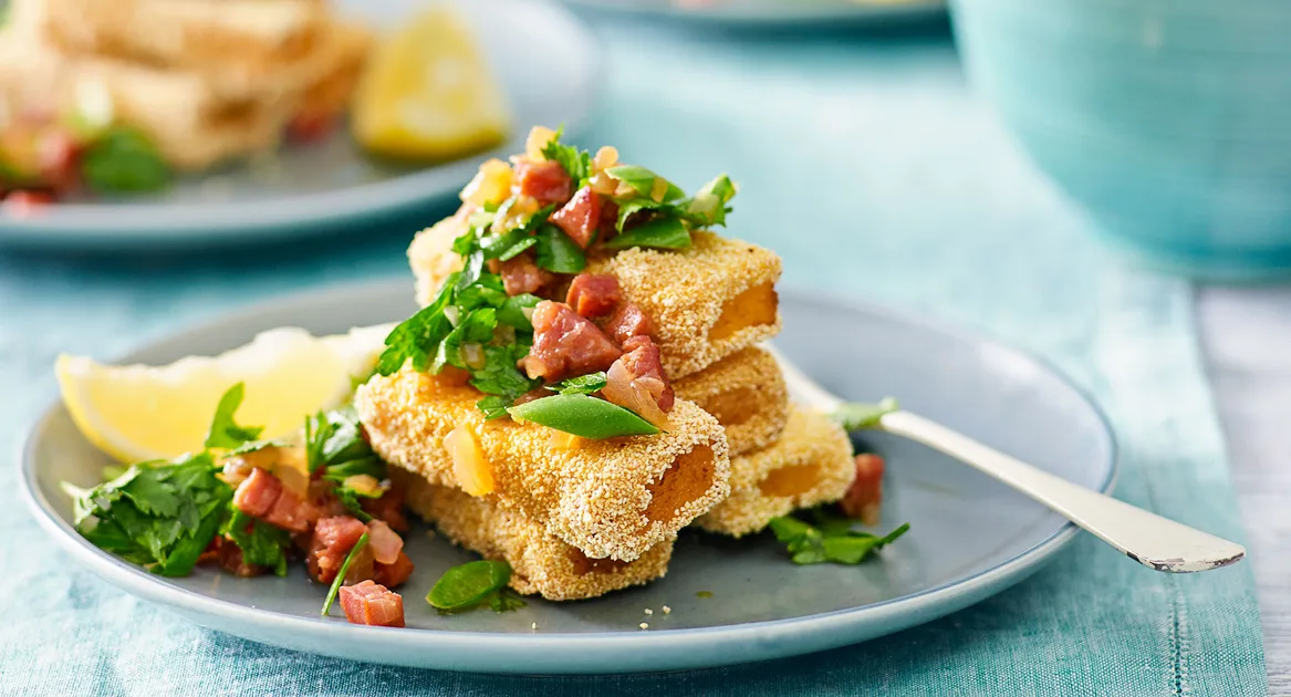 Crispy cheese polenta with chorizo, bean and herb salad - Better Homes & Gardens Australia