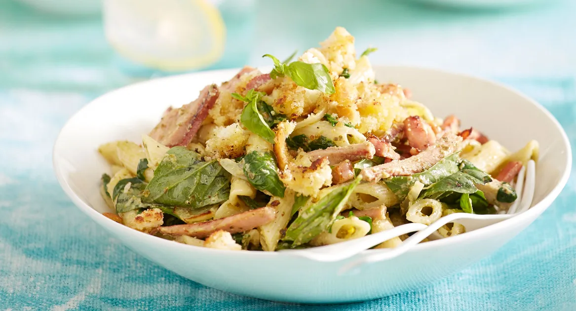 Creamy pasta penne with ham and garlic breadcrumbs - Better Homes & Gardens Australia