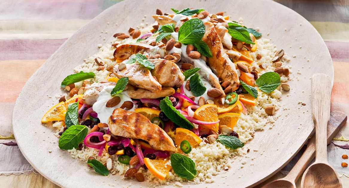 Seared chicken and couscous salad wth orange, almonds and sultanas - Better Homes & Gardens Australi