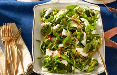 Grilled broccoli, rocket, mozzarella and basil salad