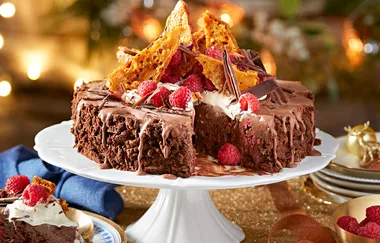 Chocolate semifreddo with raspberries and honeycomb