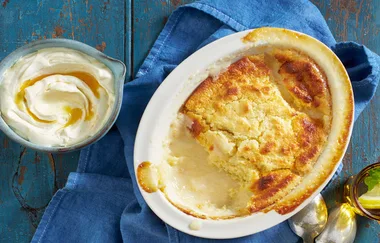 Lemon self-saucing pudding with golden syrup cream