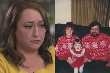Heather Robinson looking sad during an interview and Heather Robinson as a child with her adopted parents Don and Frieda Robinson