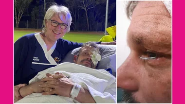 Two images side by side. One of a side profile of a man with a nail coming from his eye. The other a man on a stretcher with a nurse