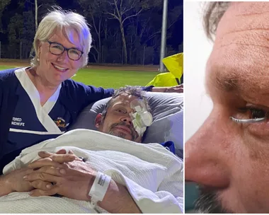 Two images side by side. One of a side profile of a man with a nail coming from his eye. The other a man on a stretcher with a nurse