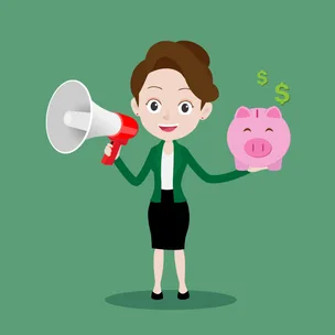 Illustration of a woman holding a megaphone in one hand and piggy bank in the other illustrating loud budgeting