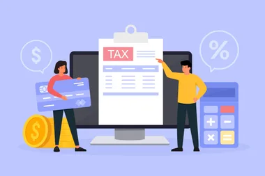 Online tax payment concept. Tax return calculation. Young man and woman characters filling application for tax form and pay online. Flat vector illustration.