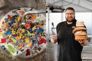 Cake waste and man holding vodka