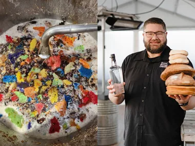 Cake waste and man holding vodka