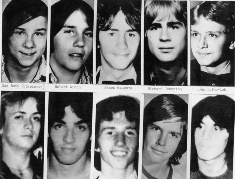 Shown are headshots of boys and young men whose bodies have been definitely identified as the victims of John Wayne Gacy. Gacy, 37, is accused of the sex-slayings of 33 boys and young men and is presently on trial in Cook County Criminal Court.