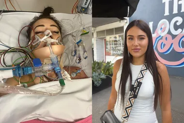 "Left: Woman in hospital with medical tubes, right: Same woman smiling outdoors in a white dress."