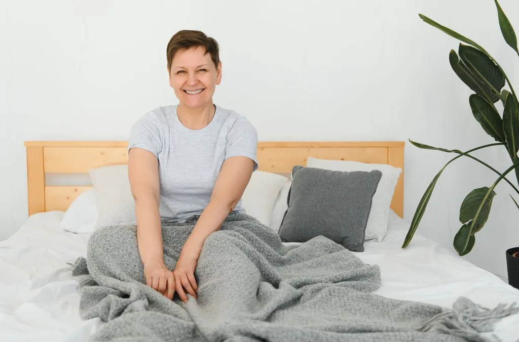 Woman sitting on bed smiling draped in grey blanket wearing grey top