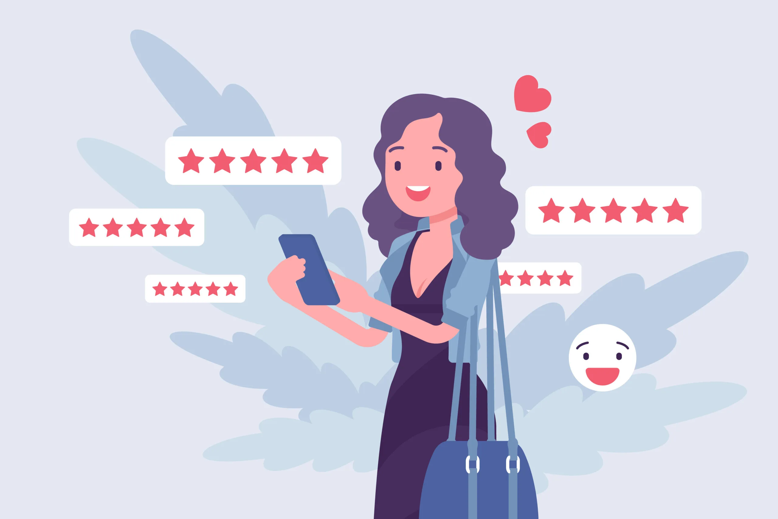 Illustration of a woman in a blue dress with a light blue cardigan looking at her phone. She has a blue shoulder bag. Around her are stars, hearts and a smiley emoji suggesting she is looking at positive reviews online.