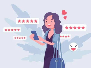 Illustration of a woman in a blue dress with a light blue cardigan looking at her phone. She has a blue shoulder bag. Around her are stars, hearts and a smiley emoji suggesting she is looking at positive reviews online.