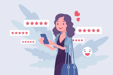 Illustration of a woman in a blue dress with a light blue cardigan looking at her phone. She has a blue shoulder bag. Around her are stars, hearts and a smiley emoji suggesting she is looking at positive reviews online.