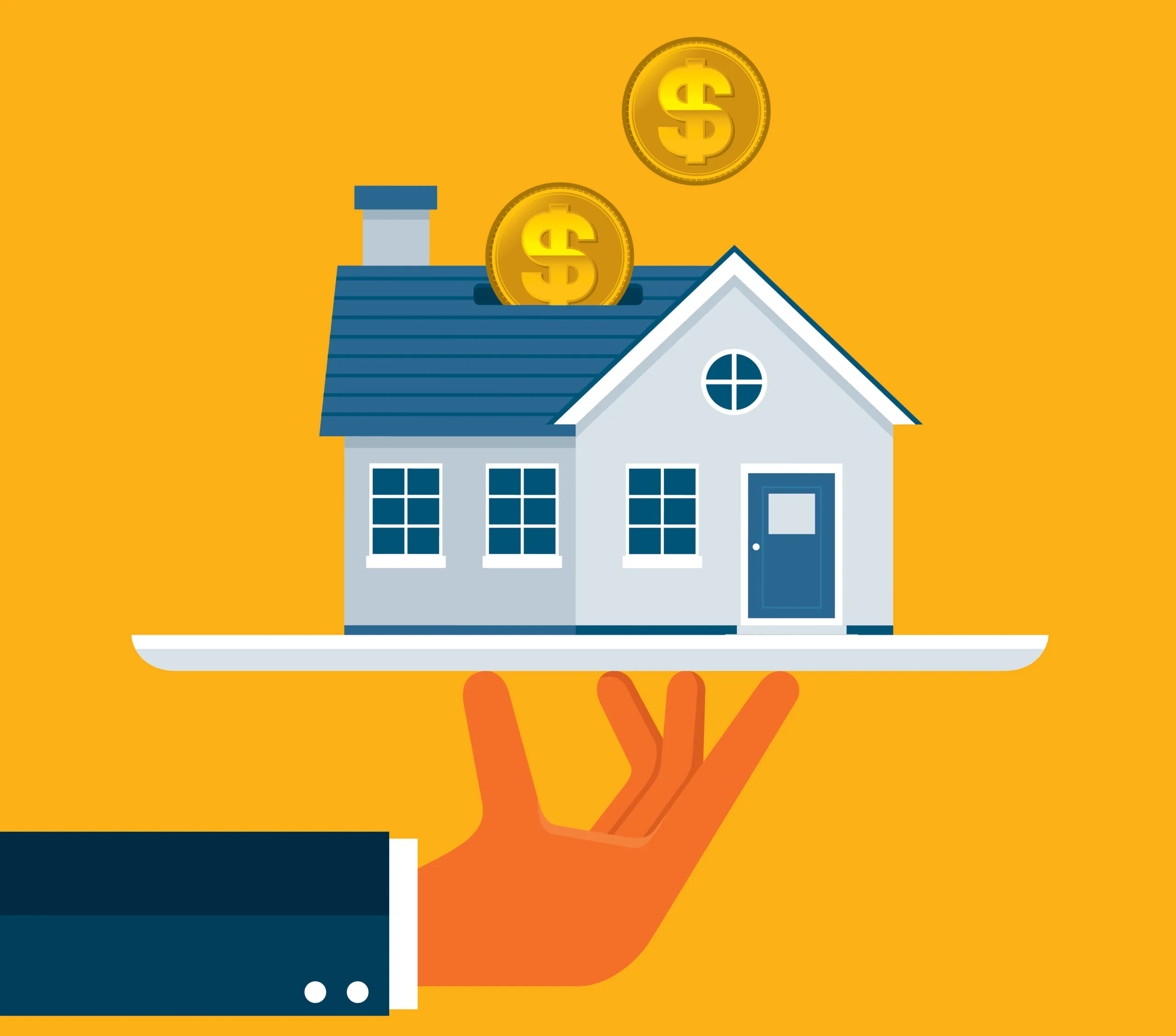 Illustration of a house on a platter with dollar coins dropping into the roof