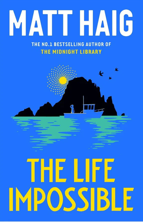 Blue book cover with an island on the horizon with a boat in the water